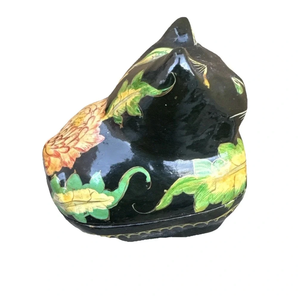 Vintage Black Kitty Cat Laquer Mini Trinket Dish Ring Box Painted Flowers Floral
